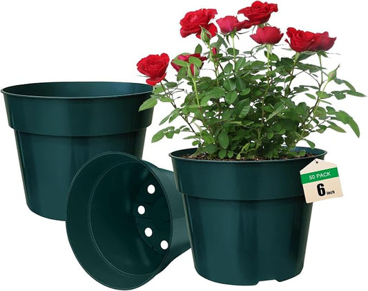 RooTrimmer 50 Pack 6 Inch Nursery Pots, Planting Grow Plastic Flower Pots, Thick Planters with Drainage Holes for Outdoor/Indoor Plants Succulent Herb (Green)