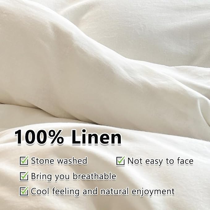 100% French Flax Linen Duvet Cover Set Full, 3-Piece Soft Breathable Cooling Bedding for Hot Sleepers, Natural Washed Linen with Zipper Closure & 8 Corner Ties (Full, White)