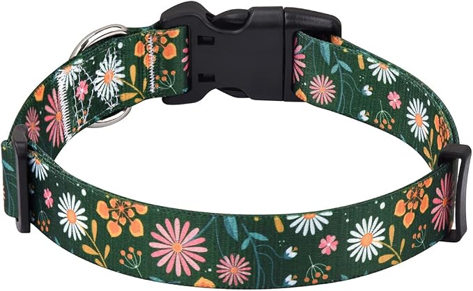 Mihqy Dog Collar with Bohemia Floral Tribal Geometric Patterns - Soft Ethnic Style Collar Adjustable for Small Medium Large Dogs(Dark Green Flower,XS)