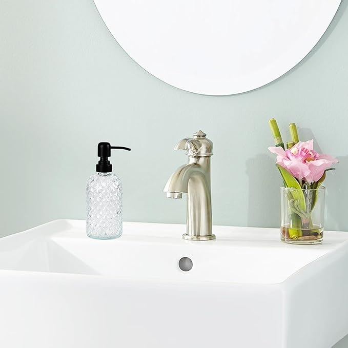 12Oz Glass Soap Dispenser with 304 Black Rustproof Stainless-Steel Pump, Refillable Glass Soap Dispenser for Kitchen, Bathroom, Farmhouse (Clear)