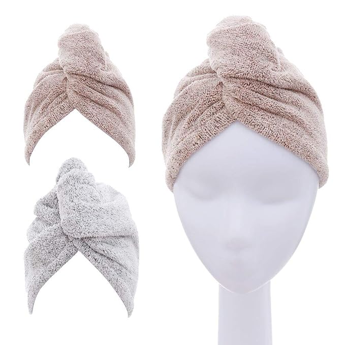 M-bestl 2 Pack Hair Towel Wrap,Rapid Carbon Fiber Hair Drying Towel with Buttons, Microfiber Hair Towel for Drying Curly Hair,Anti-frizz (Star Gray&Star Pink)