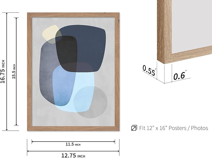 Monem Art Abstract Blue Shapes Print - Scandinavian Minimalist Art Poster - Wall Decor for Living Room, Bedroom or Office - 12x16 Beige Framed Wall Art by Mareike Bohmer