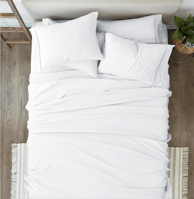 Femini Fashion 100% Organic Cotton Bed Sheets 800-Thread-Count, 16-Inch Deep-Pocket, Luxury Breathable Crisp 4-Piece Bed Sheet Set (1 Flat Sheet, 1 Fitted Sheet, 2 Pillowcases) - Queen-XL, White