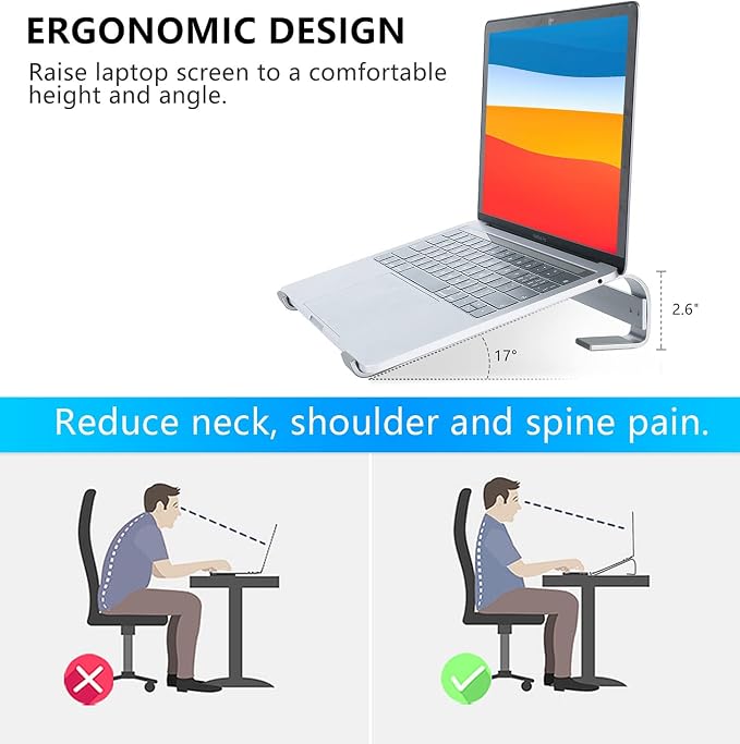 Laptop Stand for Desk, Ventilated Aluminum Laptop Riser, Silver | Stable Typing Support, Fixed 17° Angle, 2.5 in Lift, Silicone Pads, Open Airflow, Fits Most 11–16 in Laptops, Tool Included