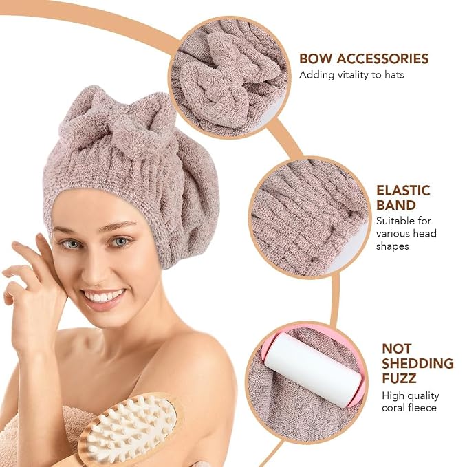 SUNLAND Large Microfiber Hair Drying Caps with Bow knot Fast Drying Shower Cap Soft and Absorbent hairWrap Hair Turban Bath Caps for Curly Thick and wet Hair 11 X 13.4 inch 2 Pack Brown