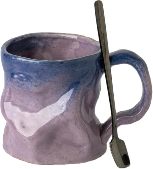 Handmade Ceramic Coffee Mugs, Mugs with Spoon, 11oz, Handmade Pottery Mug with Handle, Hand-painting, Unique Uneven Surface Tea cups, Dishwasher and Microwave Safe (Purple)
