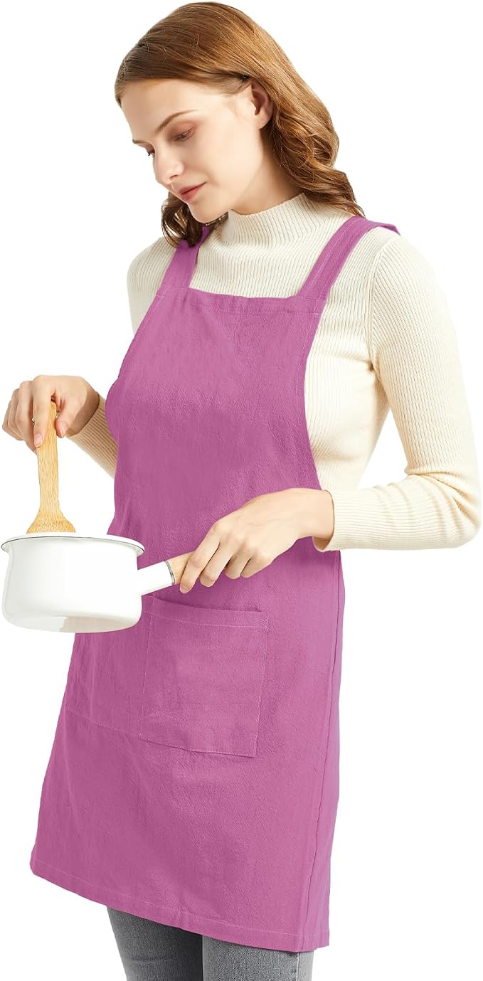 ELEZAY Aprons for Women with Pockets Plus Size Comfort Cross Back No Tie Cotton Linen Apron Pinafore