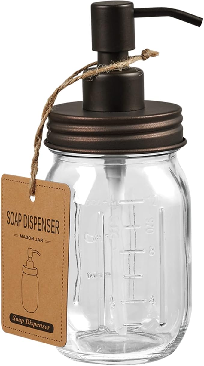 Amolliar Mason Jar Liquid Soap Dispenser, 16OZ Stainless Steel Pump Lid & Waterproof Stickers, Refillable Hand Soap, Dish Soap Dispenser for Kitchen, Bathroom Accessories Set, Farmhouse Decor, Bronze