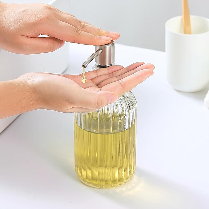 2 Pack Clear Glass Hand Soap Dispenser Set 18oz Bottle with Silver 304 Rustproof Stainless Steel Pump for Kitchen and Bathroom