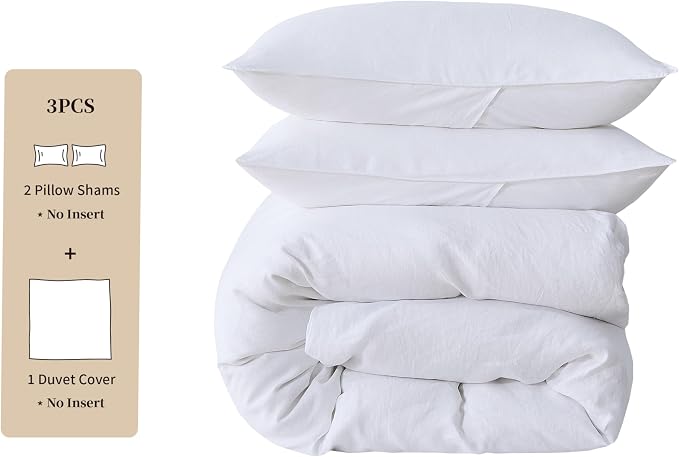 100% French Flax Linen Duvet Cover Set, King Size 104''x90'' 3 Pcs with 8 Corner Ties and Button Closure, Soft and Breathable for All Season(White, King)