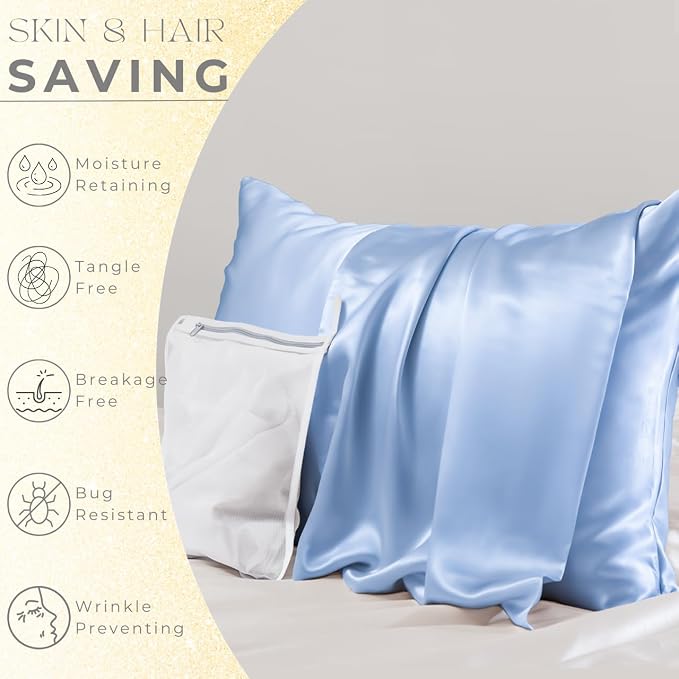 PROMEED Real 23 Momme 100% Silk Pillowcase for Hair and Skin, Both Sides Cooling Premium Grade 6A+ Mulberry Silk Pillow Case with Zipper, 1pc (King 20"x36", Light Blue)