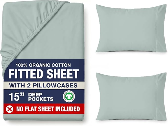 LANE LINEN 100% Organic Cotton Fitted Sheet Full Size Set (No Flat Sheet) - Soft & Breathable Percale Weave Fitted Sheet Set With Snug Fit Pillowcase - 15'' Deep Pocket - GOTS Certified - French Blue
