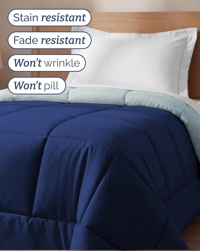 Twin Size, Navy Blue/SkyBlue Alternative Down Comforter - Warm, Lightweight & Breathable Hotel Quality Bedding Set for Men, Women, Kids & Teens - All Season Cooling Microfiber Duvet Insert Comforter