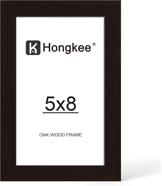 Hongkee 5x8 Oak Wood Picture Frame (1 Pack, Black) with Real Glass Cover | 5 x 8 Solid Wood Frame for Wall or Tabletop Display - Includes Easel Back, Vertical Hang - Ideal for Home, Office