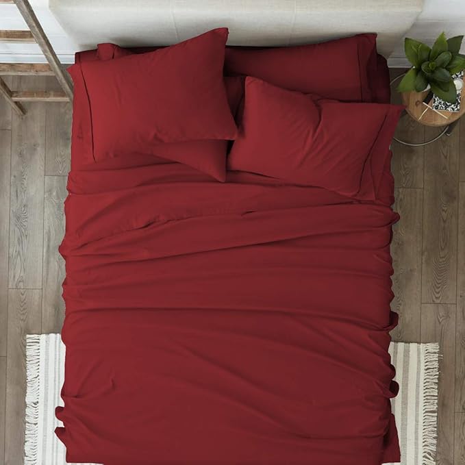 Femini Fashion 100% Organic Cotton Bed Sheets 800-Thread-Count, 16-Inch Deep-Pocket, Luxury Breathable Crisp 4-Piece Bed Sheet Set (1 Flat Sheet, 1 Fitted Sheet, 2 Pillowcases) - Queen, Burgundy
