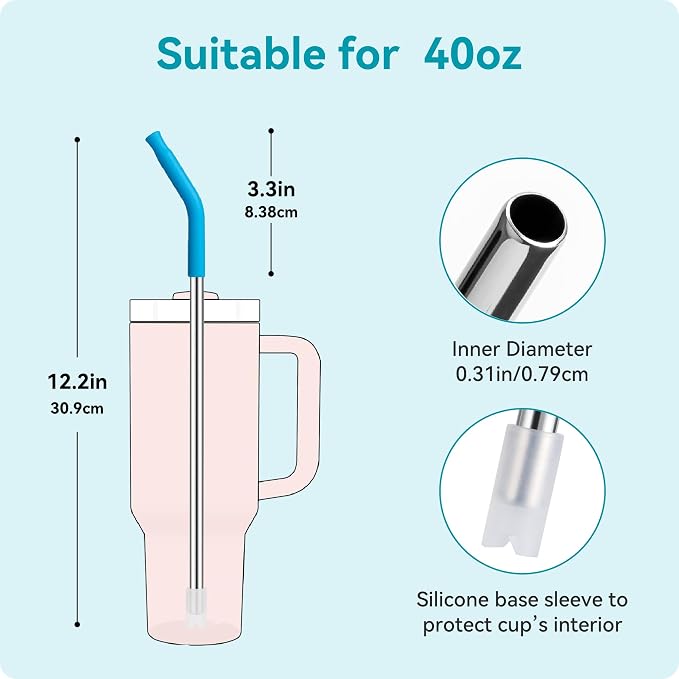 40 oz Straight Metal Straws for 40 oz Stanley Tumbler | 6 Pcs Stainless Steel Reusable Drinking Metal Straw with Colourful Silicone Tips,Straw for Glass Cups, BPA FREE