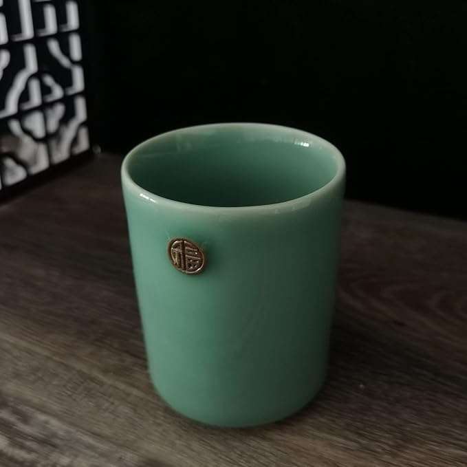 Handmade Celadon Chinese Teacup Flat Cup 6oz Coffee Mug Ceramic Milk Cup Engraved FU Porcelain Drinkware Glaze Pottery