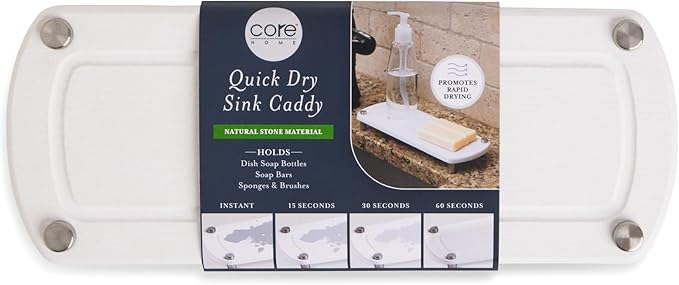 Core Home Kitchen Accessory Natural Diatomite Stone Multi-Purpose Quick Dry Caddy Holder Organizer for Sponges, Scrub Brushes, Soap, Utensils, White