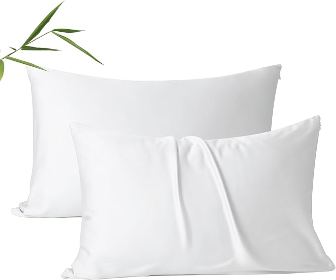 2 Pack Cooling Pillow Cases,Viscose Derived from Bamboo Pillow Protectors Queen Size Set of 2, 400 Thread Count Soft Silky Breathable Summer Pillow Cover with Zipper Hidden (2PCS, Queen, White)
