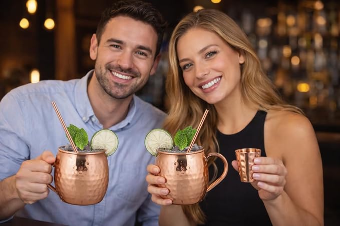 BOLD & DIVINE Moscow Mule Copper Mugs - Set of 2, 100% HANDCRAFTED - Food Safe Pure Copper Solid Mugs - 16 oz Gift Set with Premium Quality Cocktail Straws & Shot Glass!