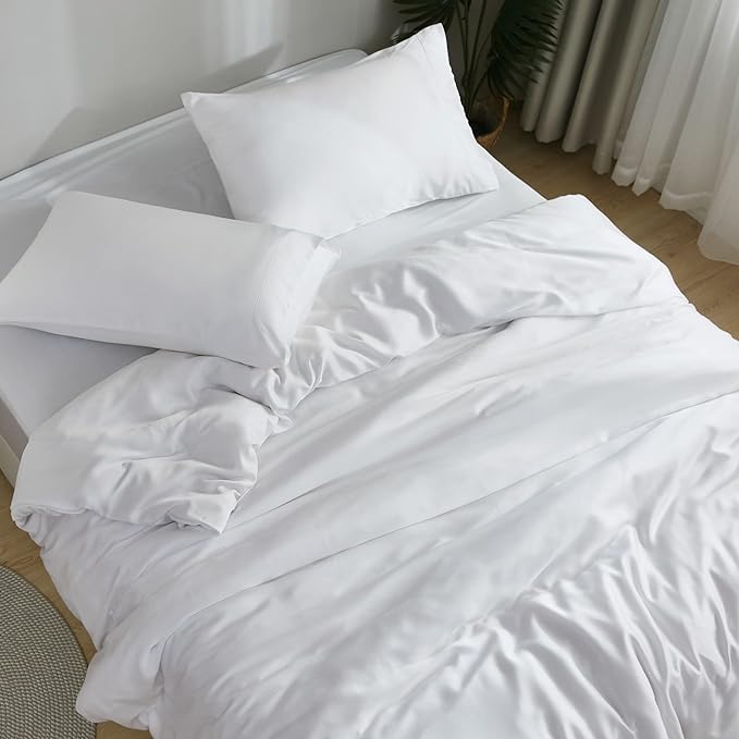 DOZ Sheet Set, 100% Viscose derived from Bamboo, Organically Grown, Buttery Soft, Cooling Sheets, High GSM, Deep Pockets - 3 Piece - 1 Pillowcase 1 Fitted Sheet 1 Top Sheet (Snow, Twin)