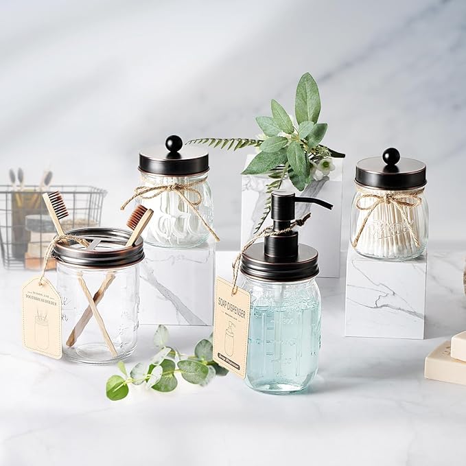 Amolliar Mason Jar Liquid Soap Dispenser, Rustproof Stainless Steel Replacement Pump Lid, Cute Farmhouse Decor for Kitchen, Bathroom, Refillable Hand Soap, Dish Soap, Lotion Soap, Rubbed Bronze-2 Pack
