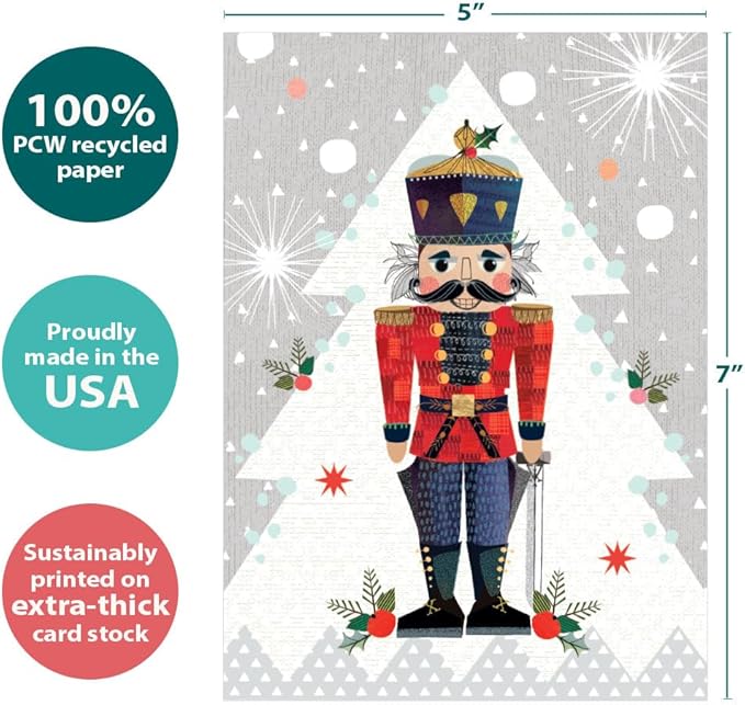 Tree-Free Greetings - Season's Greeting Cards - Artful Designs - 12 Cards + Matching Envelopes - Made in USA - 100% Recycled Paper - 5 x 7 - Nutcracker Joy (VP80735)