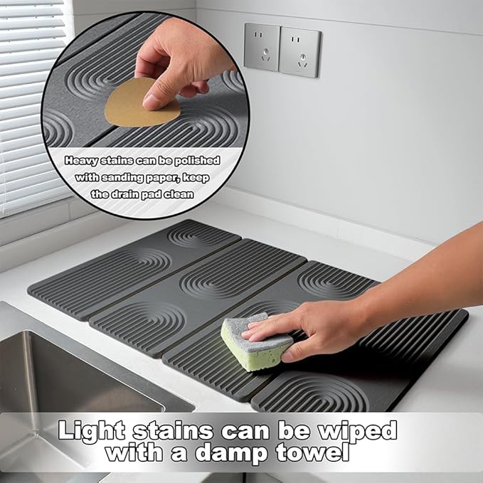 23.6"×15.7" Diatomaceous Earth Stone Dish Drying Mat, Foldable Super Absorbent Quick Dry Non-Slip Eco-Friendly Pad for Kitchen Counter, Dishes, Cups, Bottles & Utensils, Dark Gray