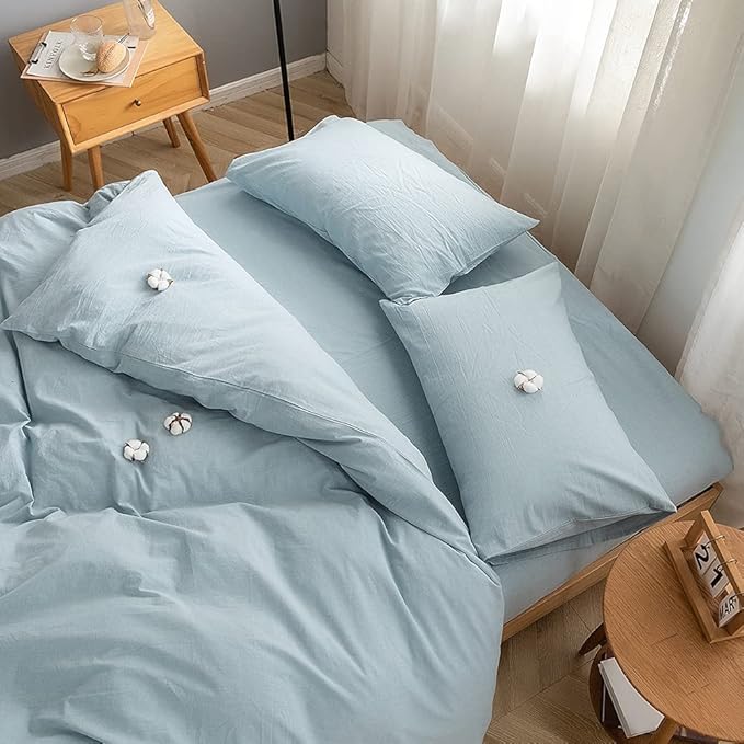 FACE TWO FACE Bedding Duvet Cover Set100% Washed Cotton Duvet Cover Linen Like Textured Breathable Durable Soft Comfy(Full, Light Blue)