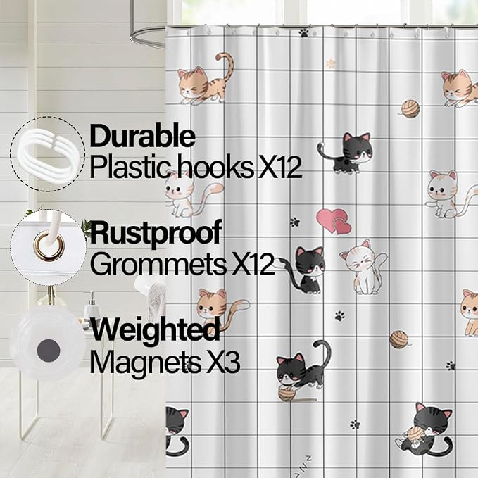 Plastic Shower Liner - Premium PEVA 4G Shower Curtain Liner with Rustproof Grommets and 3 Weighted Magnets, Waterproof Shower Curtains for Bathroom (Little Cat, 72" x 78")