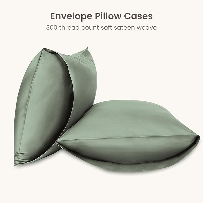 Bioweaves 100% Organic Cotton Envelope Pillow Cases 300 Thread Count Soft Sateen Weave GOTS Certified – 20 X 37, Set of 2, Basil