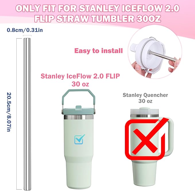 LUCKINEE Replacement Stainless Steel Straws for Stanley IceFlow Tumbler 30 oz, 3 Pack Metal Reusable Straws with 2 Straw Cleaner Brushes for IceFlow Tumbler Accessories