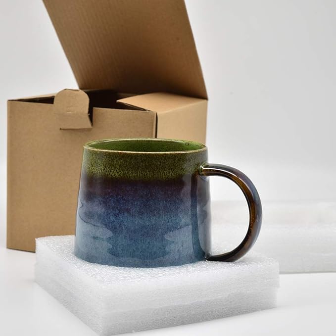 Large Ceramic Coffee Mug, Pottery Mug,Tea Cup for Office and Home,Handmade Pottery Coffee Mugs,16.5 Oz,Dishwasher and Microwave Safe,kiln altered glaze craft (Green)