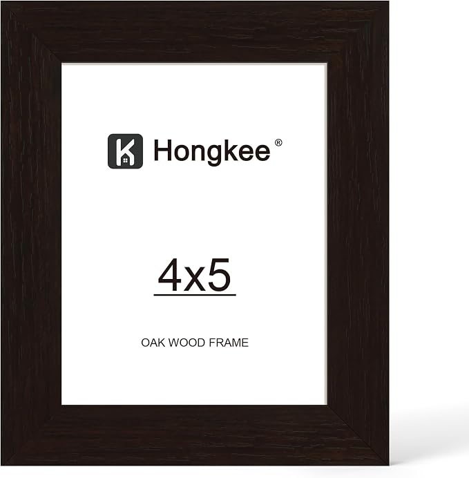 Hongkee 4x5 Oak Wood Picture Frame (1 Pack, Black) with Real Glass Cover | Solid Wood 4 x 5 Small Frame for Wall or Tabletop Display - Includes Easel Back, Vertical Hang - Ideal for Home, Office