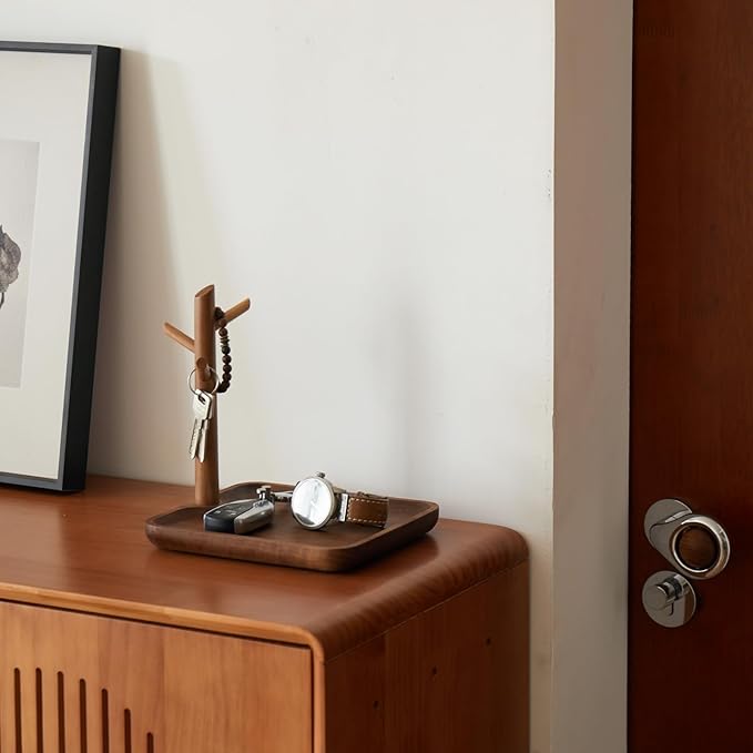 Black Walnut Solid Wood Key Dish Bowl for Entryway Table Square Tray With 3 Hooks, Open Storage for Keys, Wallet, Jewelry (Walnut, Square)