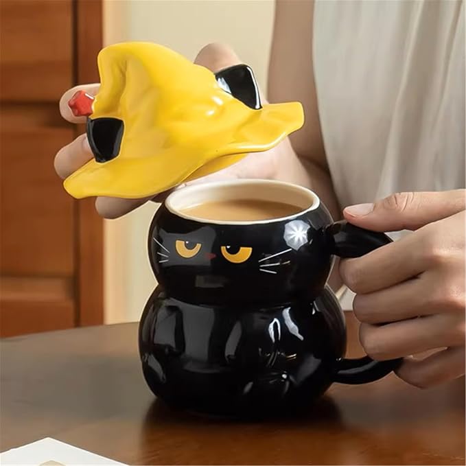 Coffee Mug Cups Ceramic Tea Cup Cute 3D Bichon Frise Dog Shaped Handmade Pottery Cute Mugs Handle Office Home Hot Ice Chocolate Milk Mugs Gifts Microwave Dishwasher Safe 14 Oz Travel Mug (Black cat)