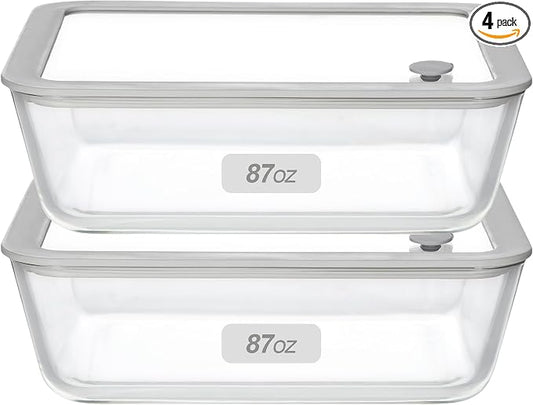 Glass Food Containers with Glass Lid, Microwave Safe Food Storage Container Set, 2 Pack of 87oz, Large Size Airtight Storage Set with Leak Proof Lids, Meal Prep Containers