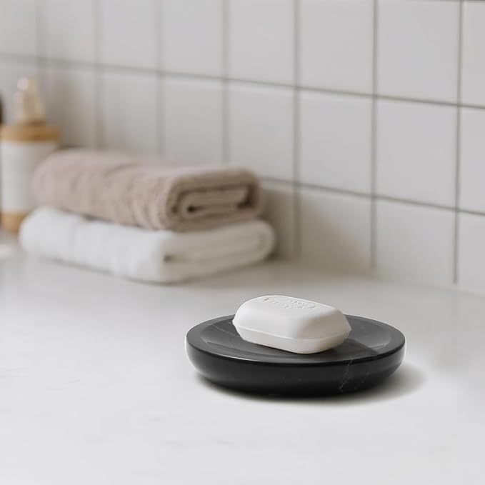 Marble Soap Dish Italy Natural Stone Sponge Holder for Bathroom Tub Shower Kitchen Sink, Handcraft Round Soap Case Organizer Trinket Plate Jewelry Tray Coaster for Home Decor Black (DL007)