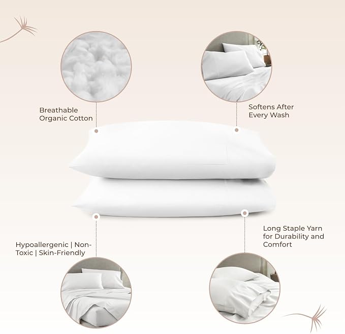 100% Organic Cotton Pillow Cases King Size Set of 2-100% Cotton Pillowcases GOTS Certified 500 Thread Count - Naturally Cooling Comfortable Breathable & Soft Pillow Cases (White, Standard)