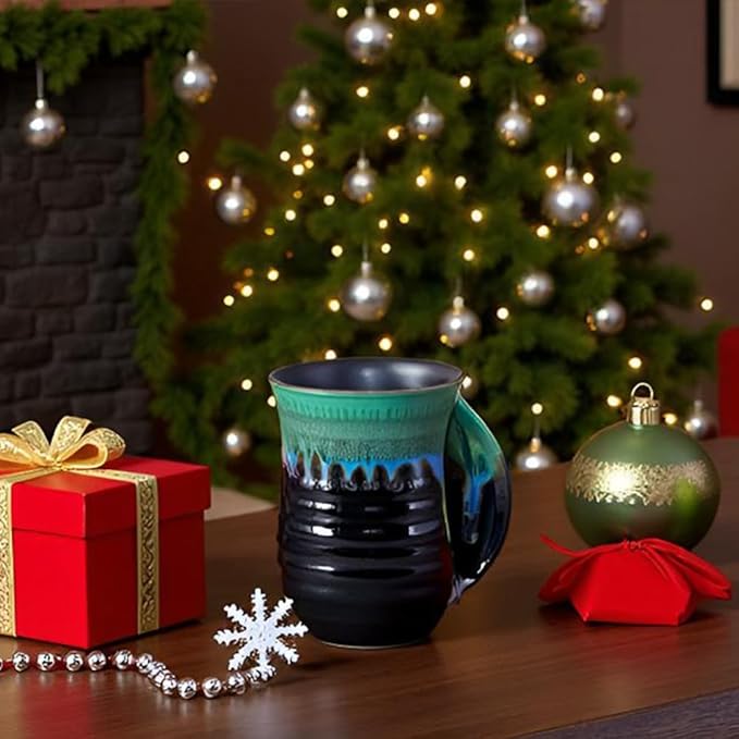 Hand Warmer Mug for Christmas - 16 Ounce Large Handwarmer Mugs Ceramic Handmade Pottery Gift for Holiday with Pocket Handle, Keep Your Fingers Warmth (Right Handed,Forest Green/Black)