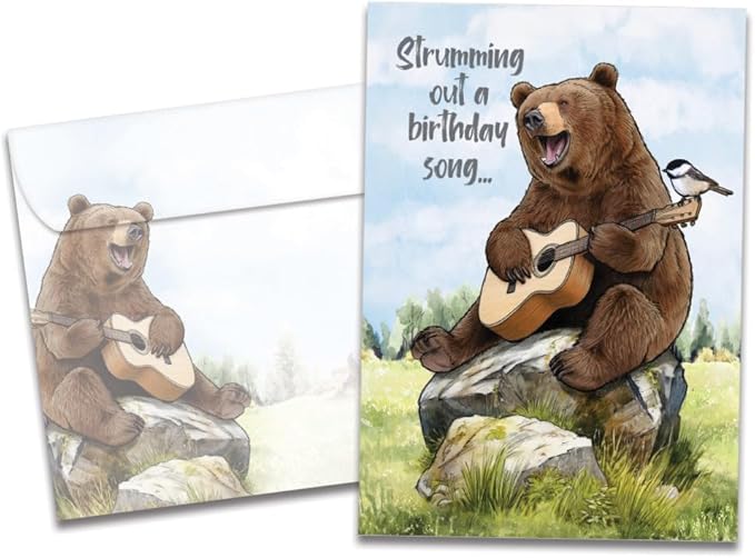 Tree-Free Greetings Bear Guitar Birthday Card - 1 Recycled 5x7 Card & Matching Envelope, Thick Cardstock, Made in USA - Hilariously Joyful Song