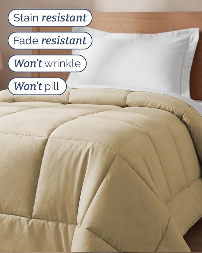Twin Size, Beige Alternative Down Comforter - Warm, Lightweight & Breathable Hotel Quality Bedding Set for Men, Women, Kids and Teens - All Season Oversized Cooling Microfiber Duvet Insert Comforter