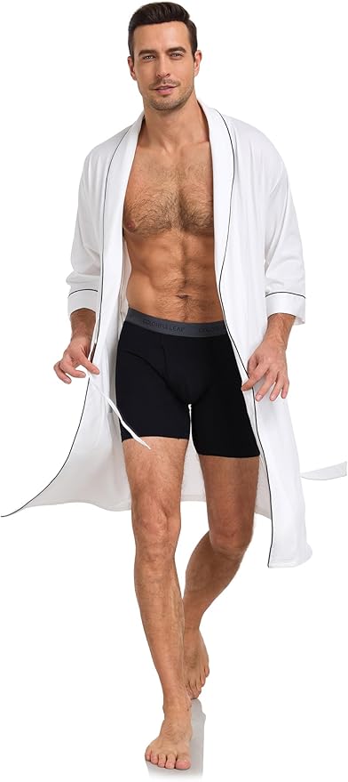 COLORFULLEAF 100% Cotton Men’s Summer Bathrobe Lightweight & Breathable Short Sleeve Kimono Robe with Pockets