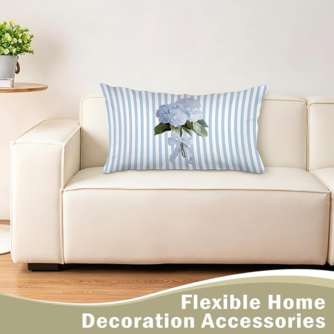 Blue Hydrangea 12x20 Pillow Cover,Blue Hydrangea Decor,Grandmillennial Blueness and Green Botanical Flower Lumbar Throw Pillow Covers for Couch Sofa Home Bedroom Living Room