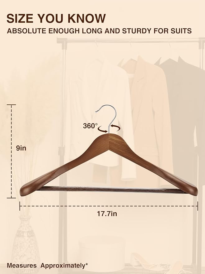 SMARTOR Wooden Suit Hangers for Men 8 Pack, Wide Shoulder Wood Suit Hangers with Non Slip Pant Bar, Wide Hanger for Suits, Coats, Jackets, Walnut