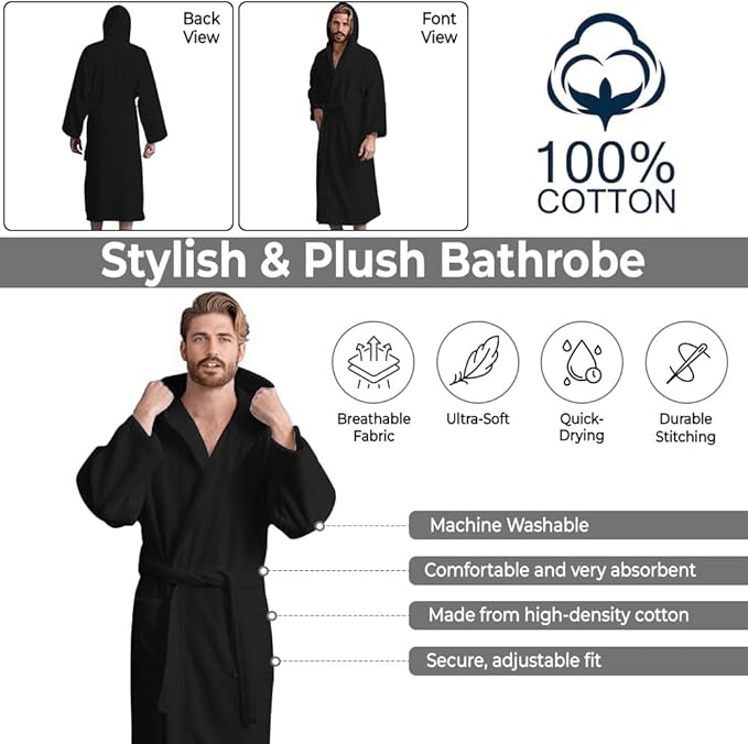 Men’s Hooded Bathrobe, 100% Cotton Terry Bathrobe, Spa Style Bath Robe, Absorbent Shower Robe, Lightweight Towel Bathrobes