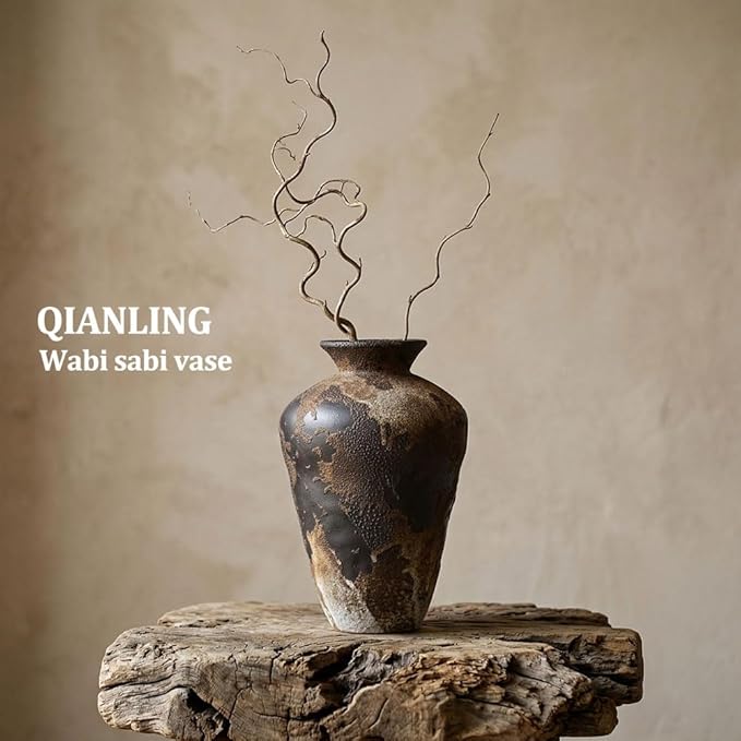Wabi Sabi Decor Rusty Vintage Vase - 8.7" Tall Rustic Farmhouse Wabi Sabi Vase for Centerpiece, Pottery Stone Flower Vases for Home Decor, Table, Living Room, Bedroom, Bathroom, Kitchen (Smoky Earth)