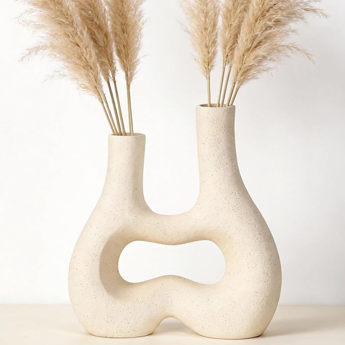 Modern Double Neck Hollow Vase, Minimalist Nordic Resin Sculpture for Home Decor, Boho Wabi-Sabi Vase for Living Room Bedroom Office Table Centerpiece (Ivory)