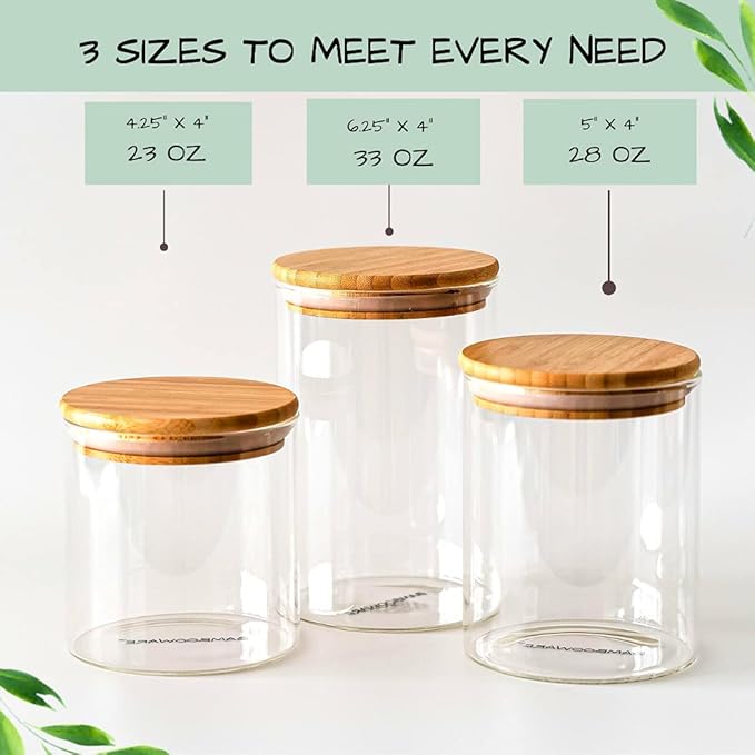 Bambooware Glass Storage Containers with Lids | Kitchen Organization | Pantry Organization - Set of 3 Canisters - Airtight Glass Jars Wooden Lid for Sugar, Flour, Candy, Cookies, Rice, Pasta