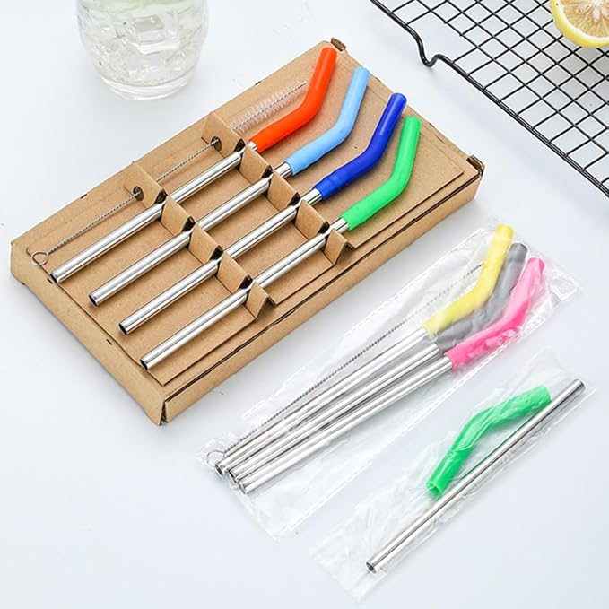 ABOOFAN Stainless Steel Drinking Straws with Silicone Tips and Cleaning Brush, 8pcs Mixed Color Reusable Beverage Straws Set for Party Drinks and Smoothies